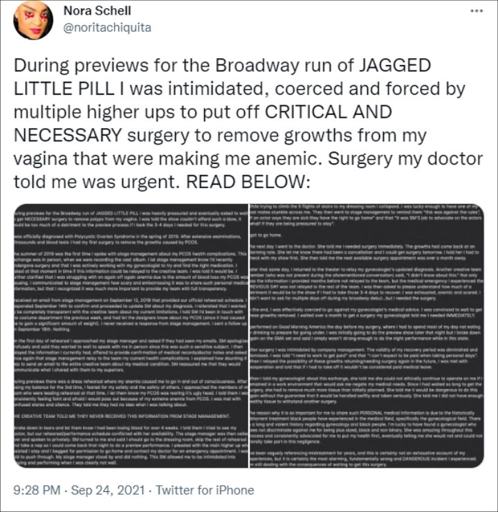 Nora Schell called out 'Jagged Little Pill' over alleged intimidation
