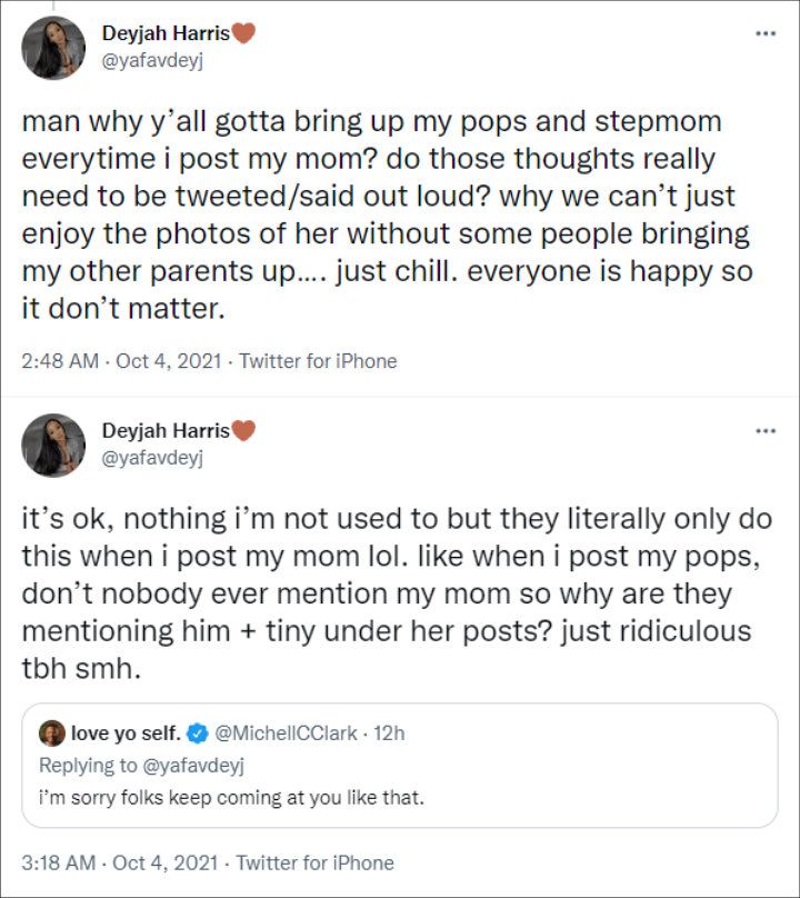 Deyjah Harris asked people to mention T.I. and Tiny on her mentions