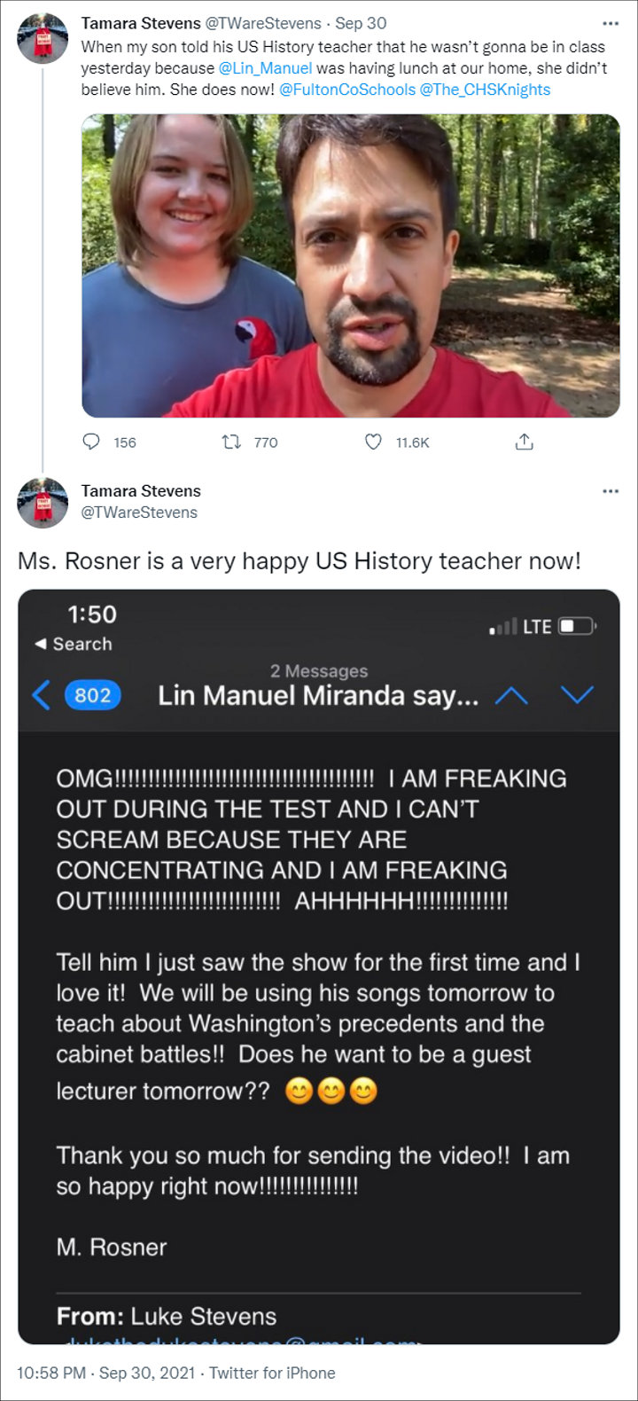 Lin-Manuel Miranda's Message to History Teacher