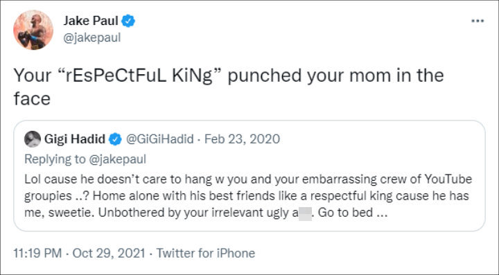 Jake Paul fired back at Gigi Hadid's 2020 tweet