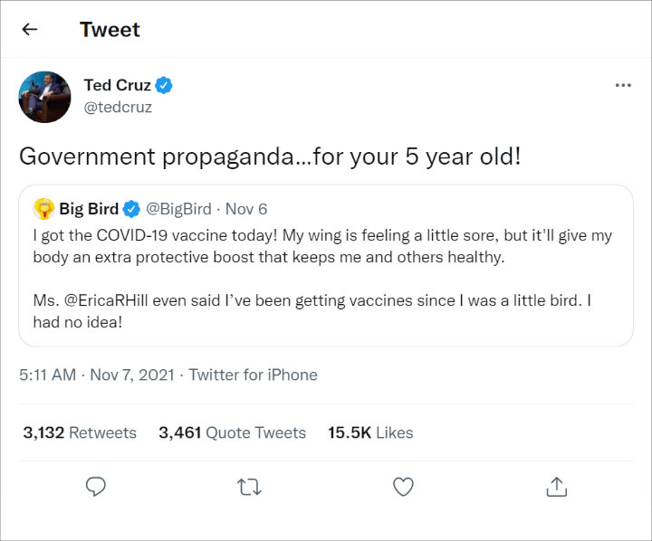 Ted Cruz blasted Big Bird for getting vaccinated