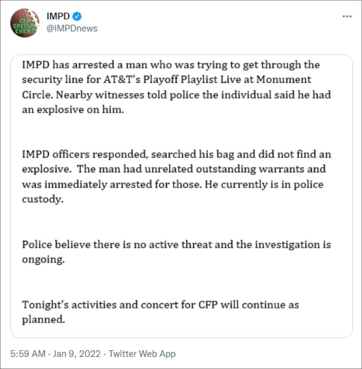 The IMPD addressed the bomb threat in a statement