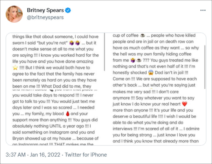 Britney Spears penned a lengthy message for sister Jamie Lynn Spears