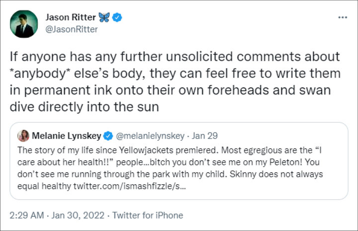 Jason Ritter defended wife Melanie Lynskey against body-shamers