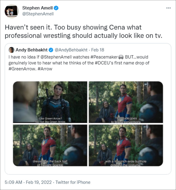 Stephen Amell reacted to Peacemaker Arrow Diss