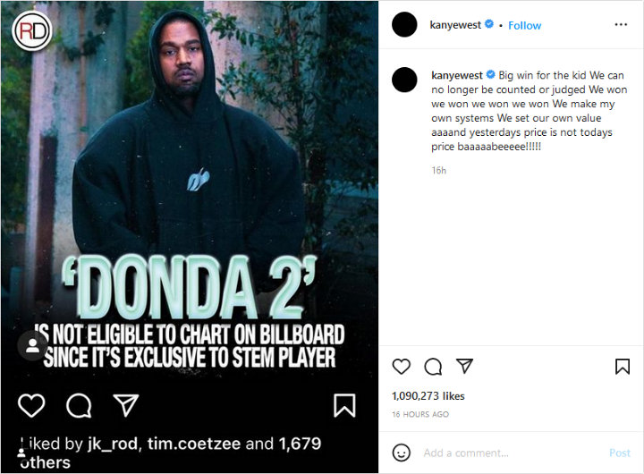 Kanye West's Instagram Post