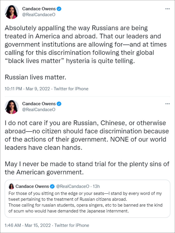 Candace Owens showed support to Russia following invasion of Ukraine