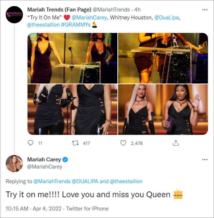Mariah Carey reacted to Dua Lipa and Megan Thee Stallion's tribute