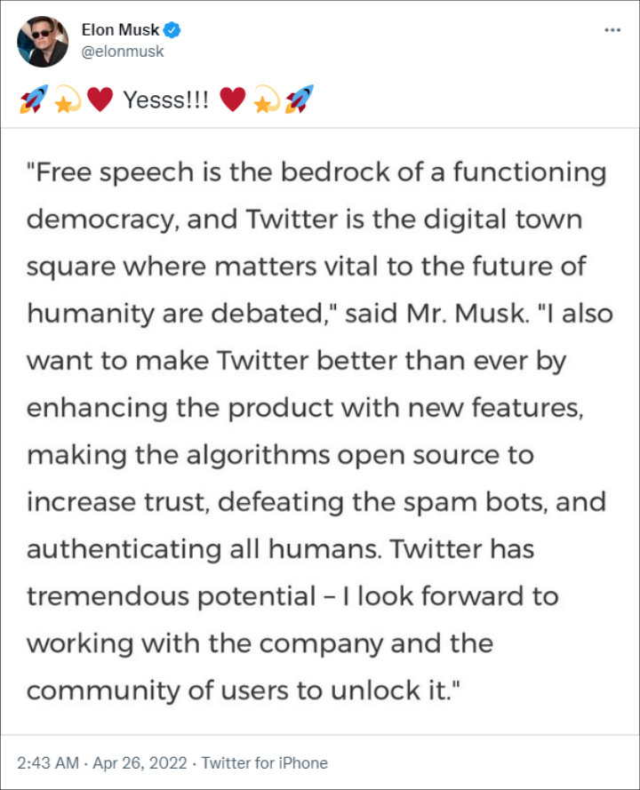 Elon Musk issued statement after acquiring Twitte