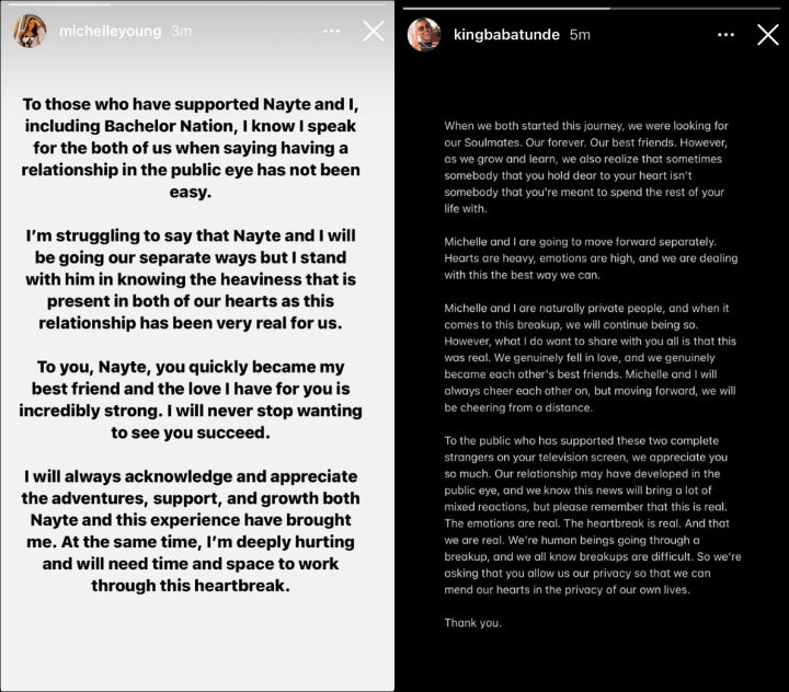 Michelle Young and Nayte Olukoya's Instagram posts