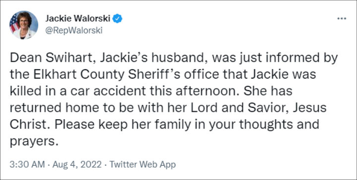 Tweet on Jackie Walorski's Official Account