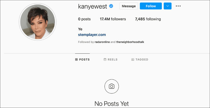 Kanye West's Instagram account