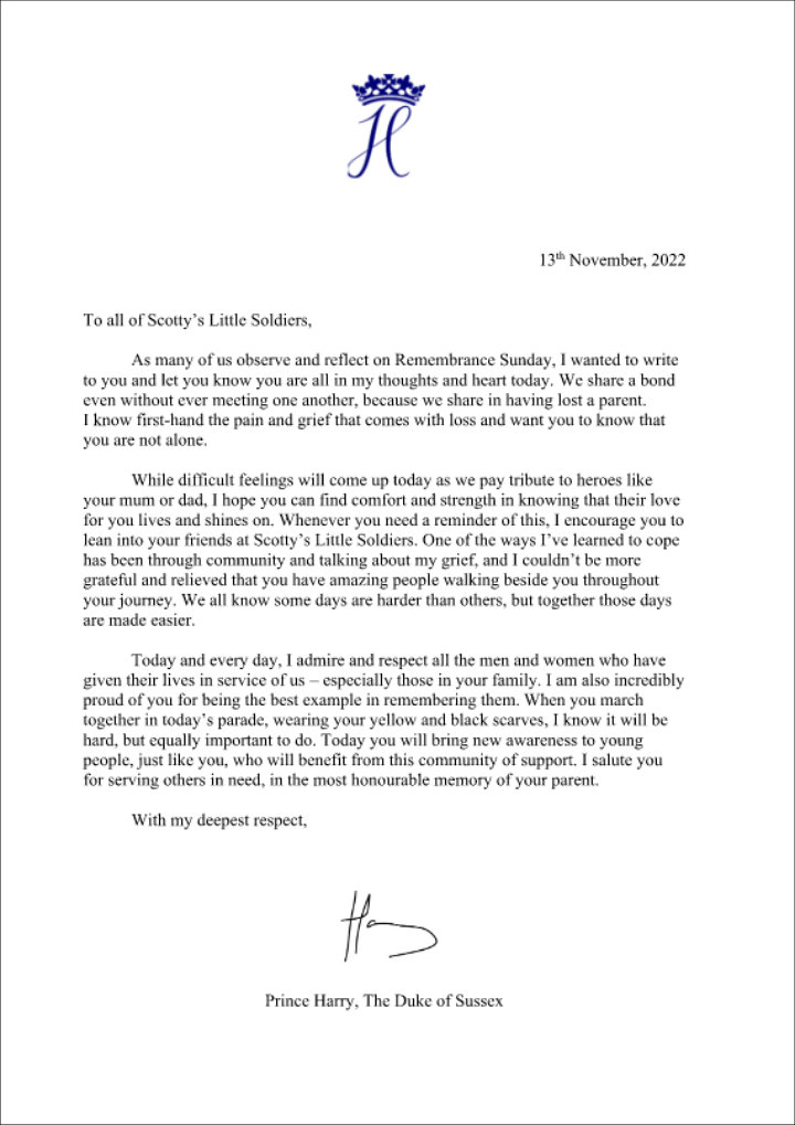 Prince Harry's letter on Remembrance Sunday