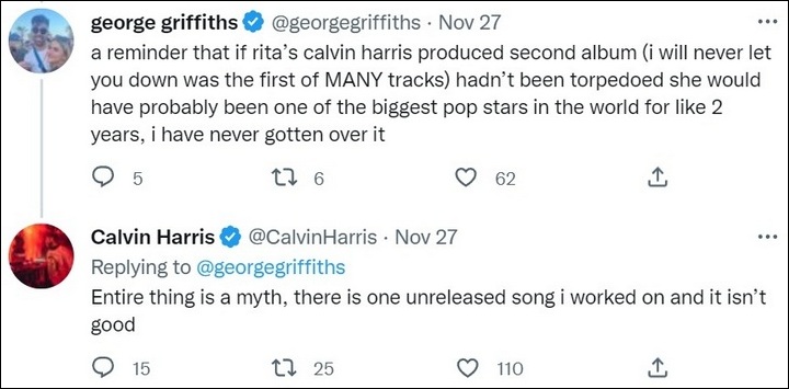 Calvin Harris responds to Rita Ora album rumor