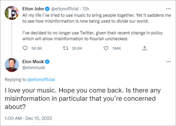Elon Musk's Reply to Elton John's Tweet