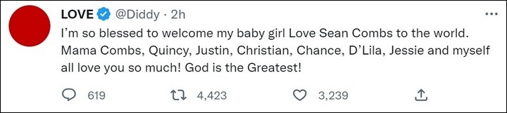 Diddy announces newborn daughter
