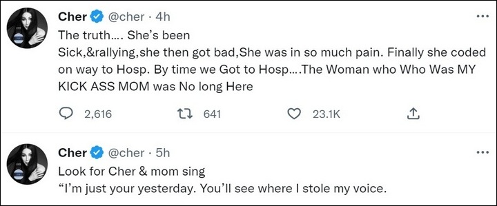 Cher gives update after her mother died
