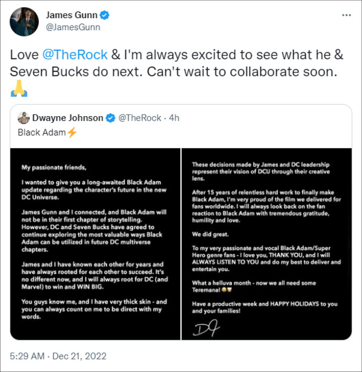 James Gunn's Response to Dwayne Johnson's Tweet