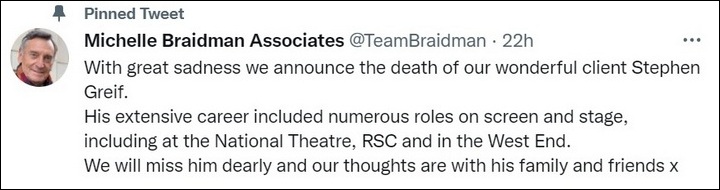 Stephen Greif's death was announced on Twitter