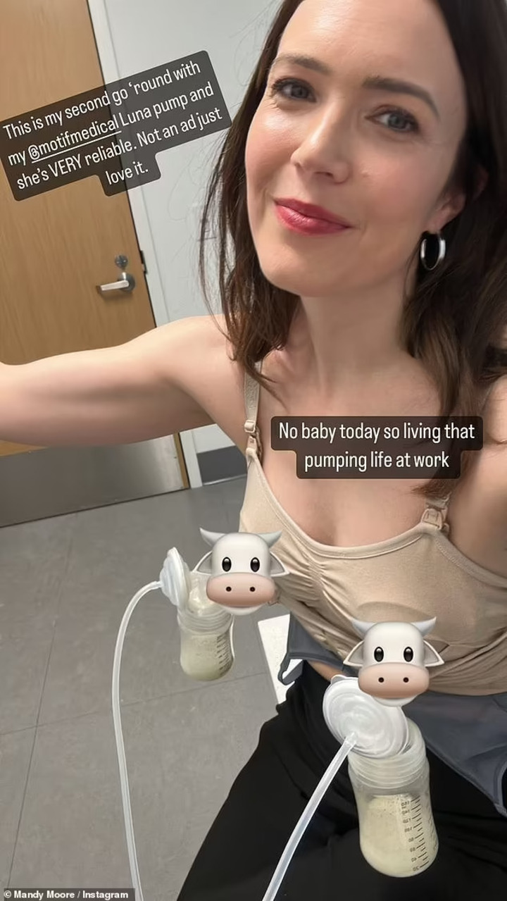 Mandy Moore pumping breast milk on set