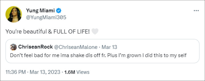 Yung Miami's Reaction to Chrisean Rock's Tweet
