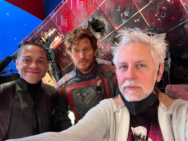 James Gunn, Pete Davidson, and Chris Pratt on set of 'Guardians of the Galaxy Vol. 3'