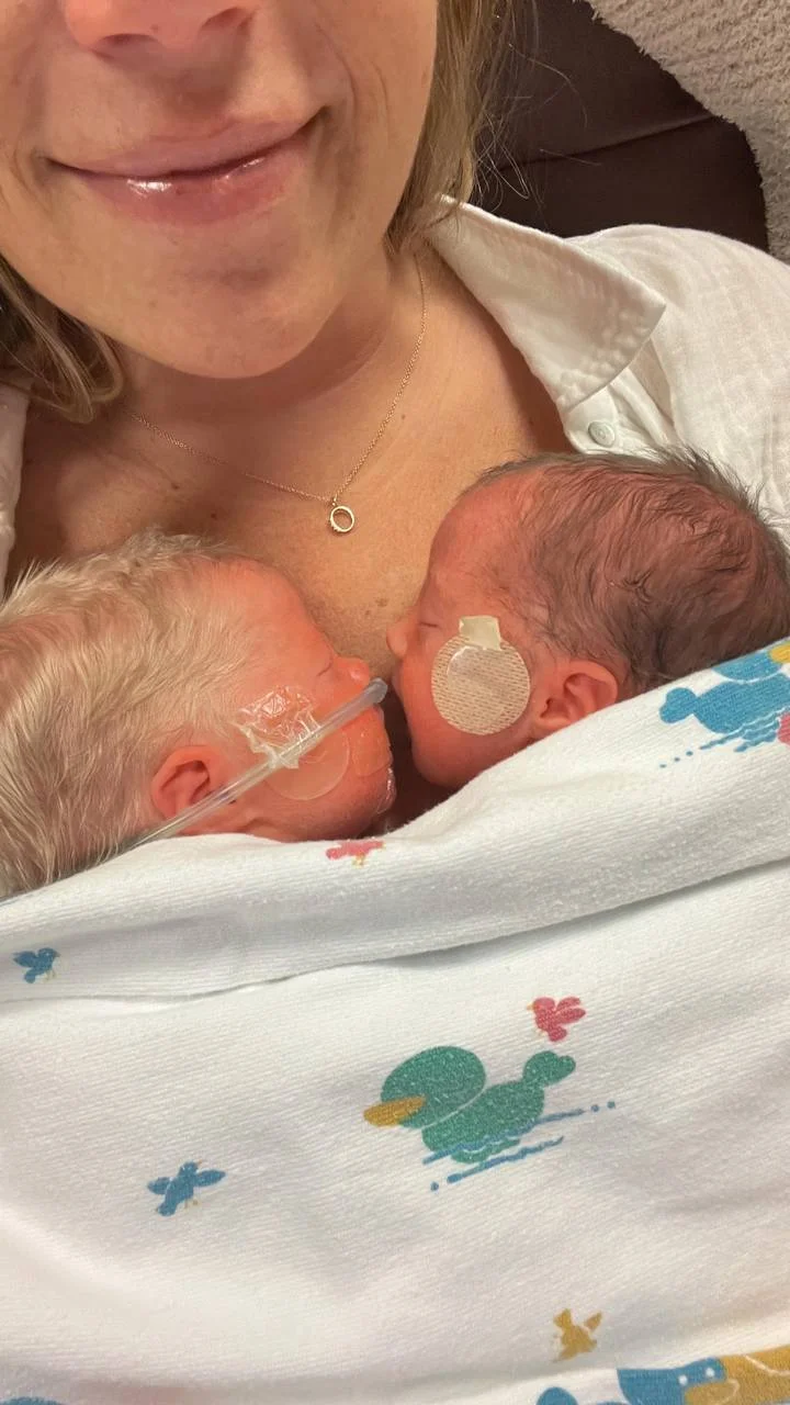 Sarah Herron introduces her newborn twin daughters