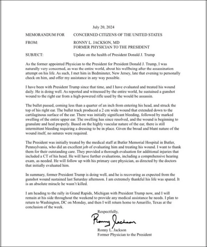 former White House physician issues an open letter regarding Donald Trump's injury