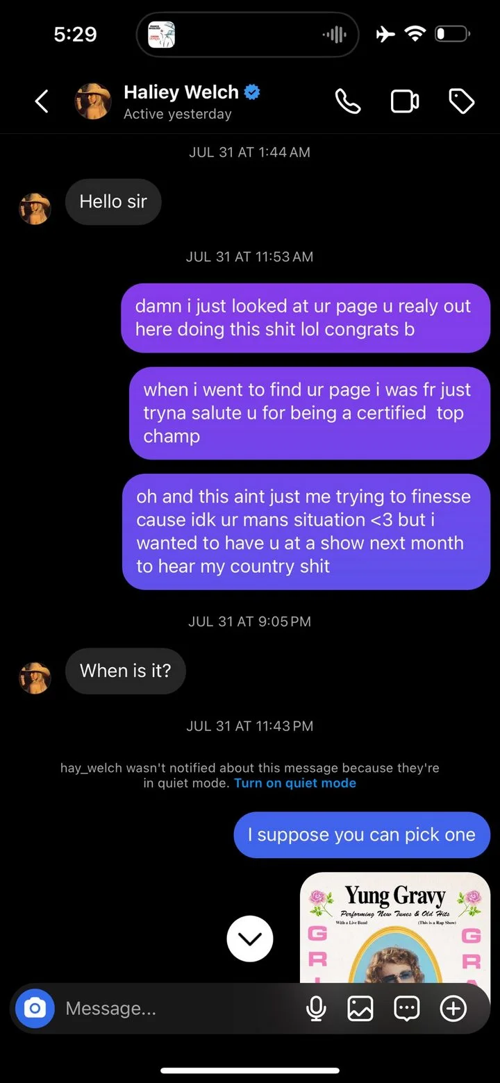 Yung Gravy shares text exchange with Hawk Tuah Girl