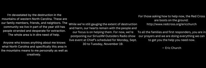 Eric Church issues a statement after hurricane Helene hit North Carolina