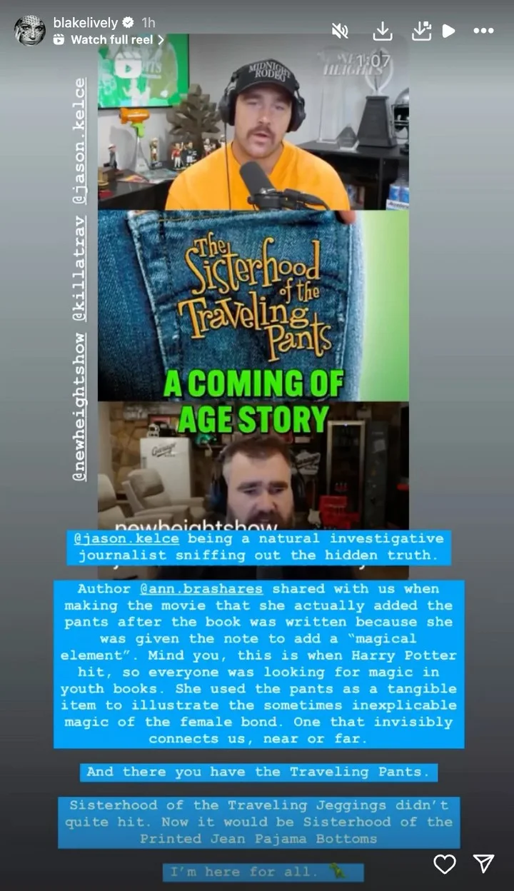 Blake Lively responds to Jason kelce's comments on her film