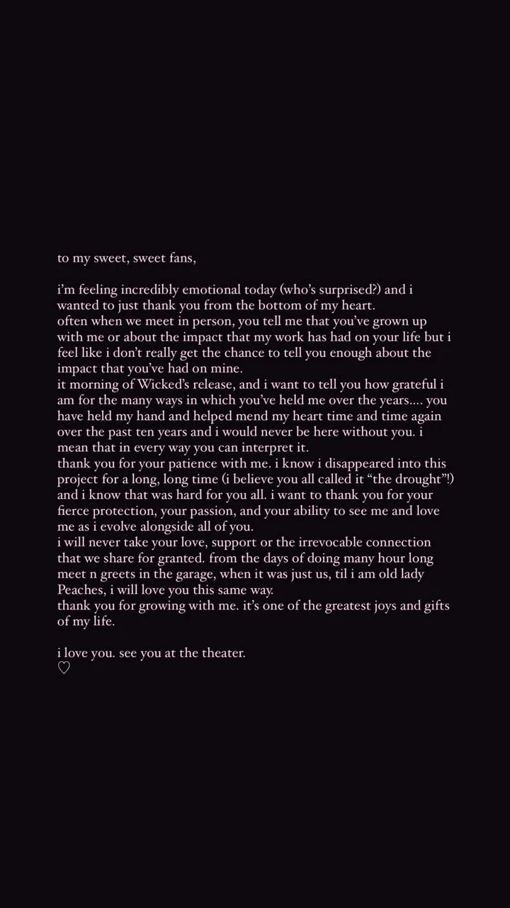 Ariana Grande thanks fans in an emotional letter