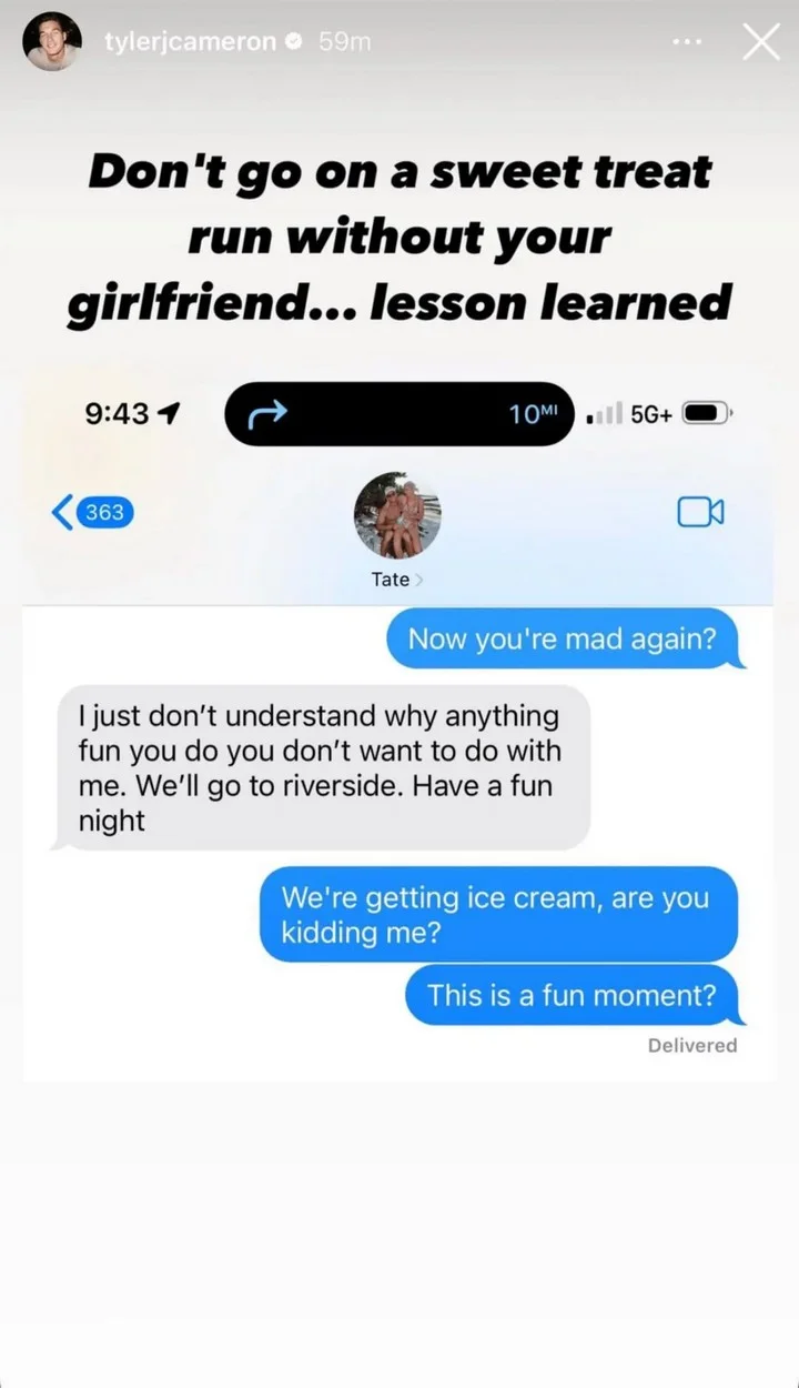 Tyler cameron shares awkward argument with girlfriend