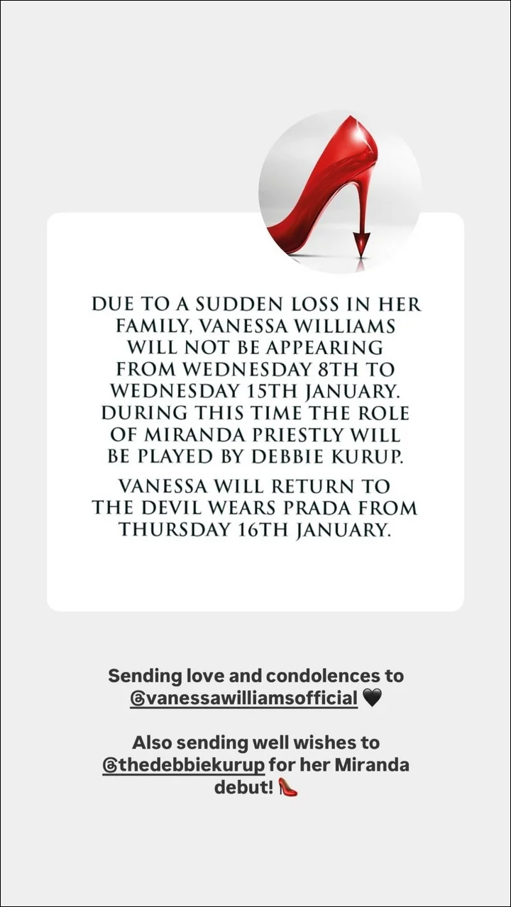 Vanessa Williams announces a break from her West End show