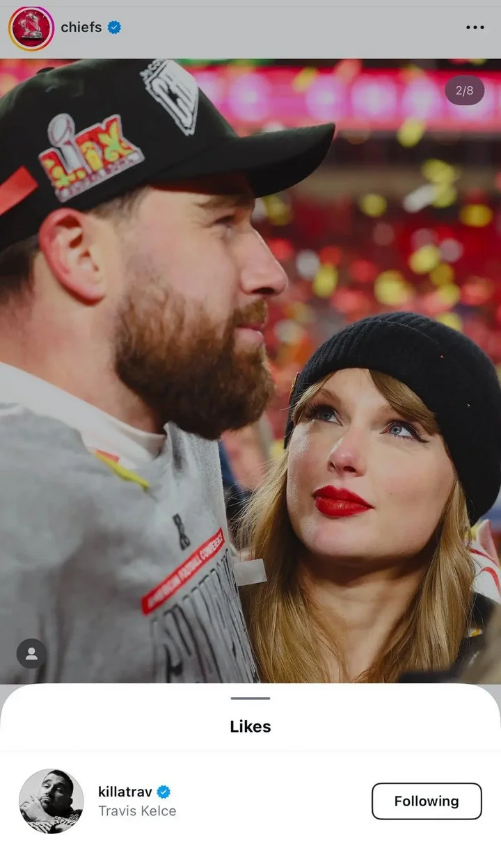 Travis Kelce likes a picture of Taylor Swift