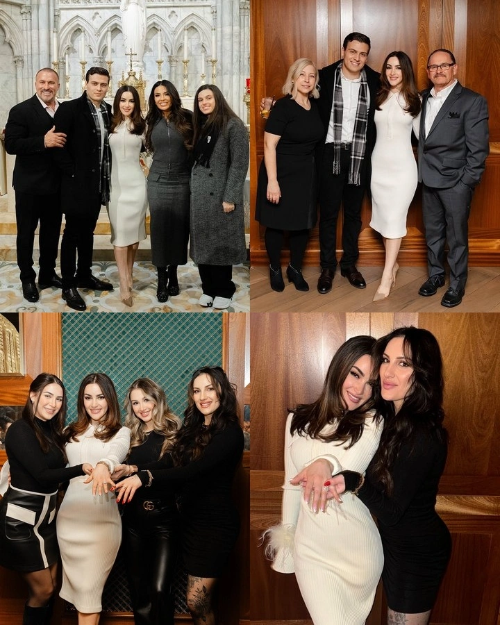 Frankie Catania Jr. and Nicole Perricho pose with families after engagement