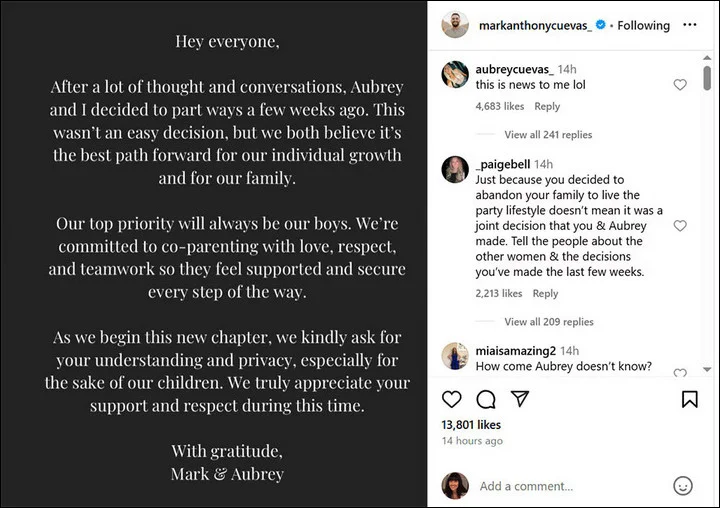 Mark Anthony Cuevas announces split from wife