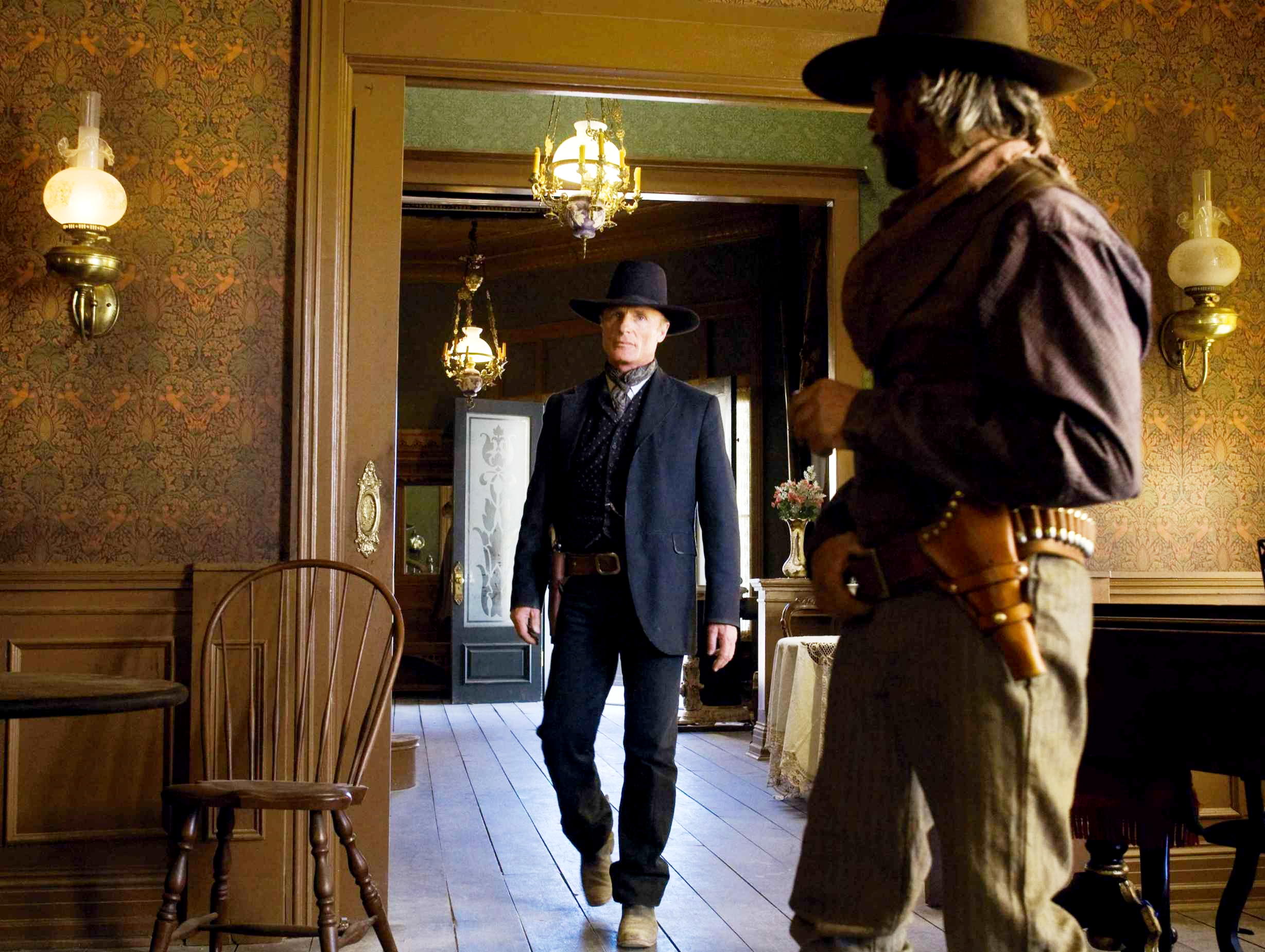 Ed Harris stars as Virgil Cole and Boyd Kestner stars as Bronc in New Line Cinema's Appaloosa (2008). Photo by Lorey Sebastian.