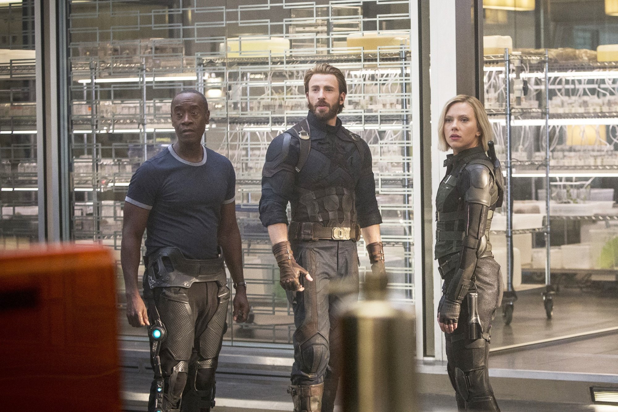 Don Cheadle, Chris Evans and Scarlett Johansson in Marvel Studios' Avengers: Infinity War (2018)