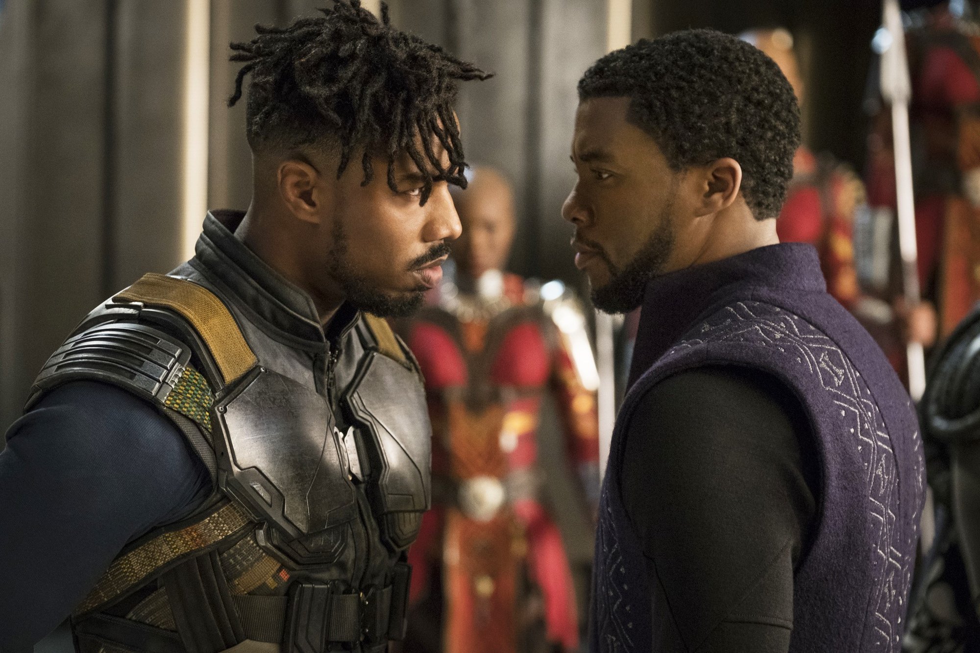 Michael B. Jordan stars as Erik Killmonger and Chadwick Boseman stars as T'Challa/Black Panther in Walt Disney Pictures' Black Panther (2018)