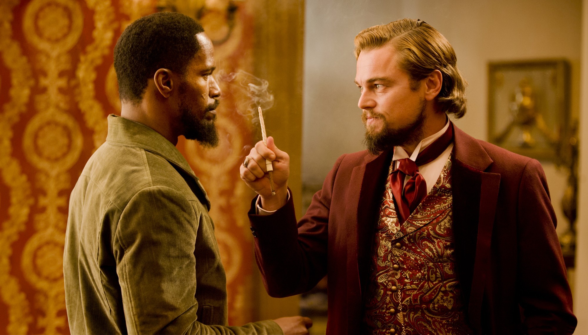 Jamie Foxx stars as Django and Leonardo DiCaprio stars as Calvin Candie in The Weinstein Company's Django Unchained (2012)