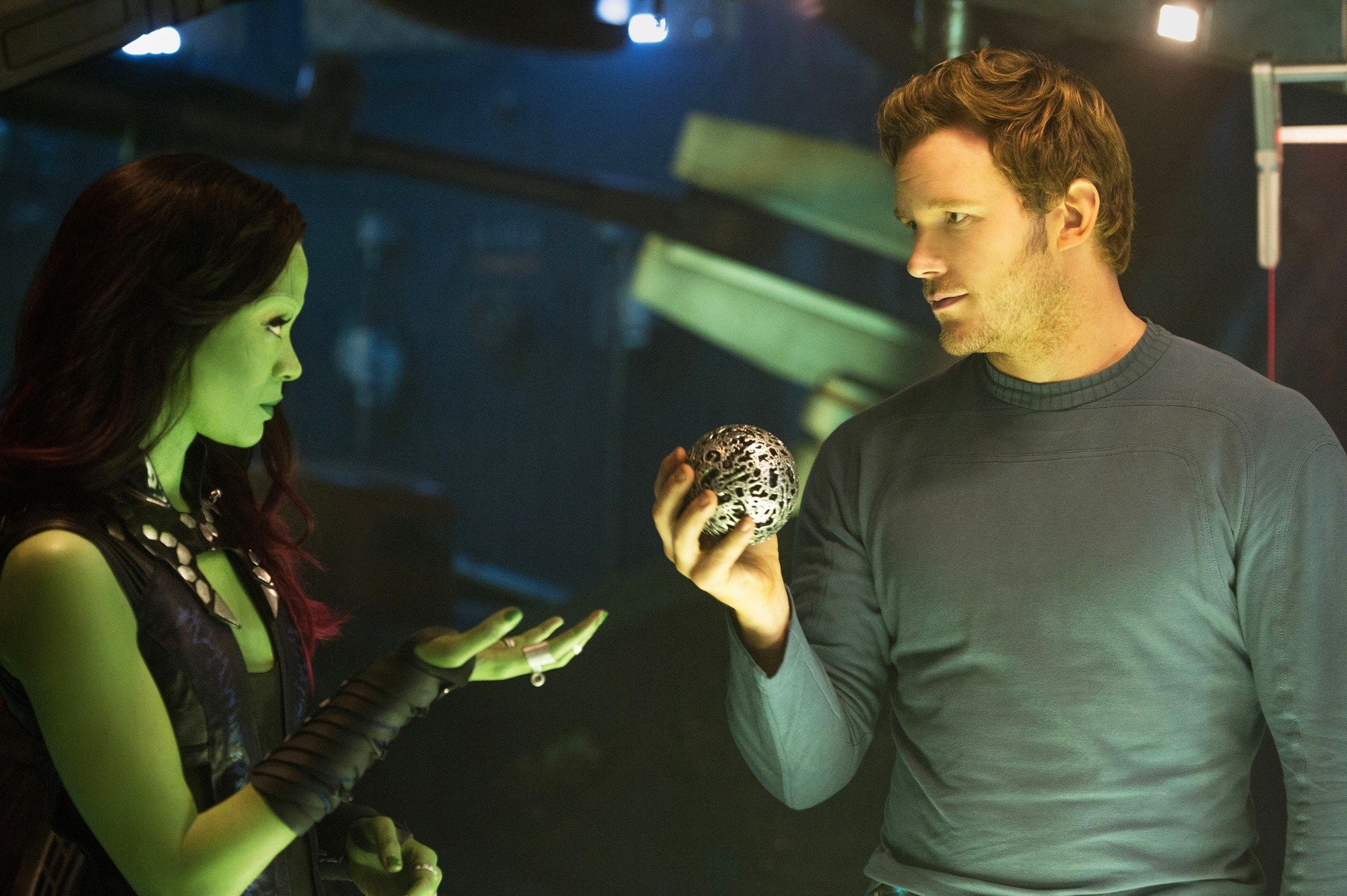 Zoe Saldana stars as Gamora and Chris Pratt stars as Peter Quill/Star-Lord in Marvel Studios' Guardians of the Galaxy (2014)