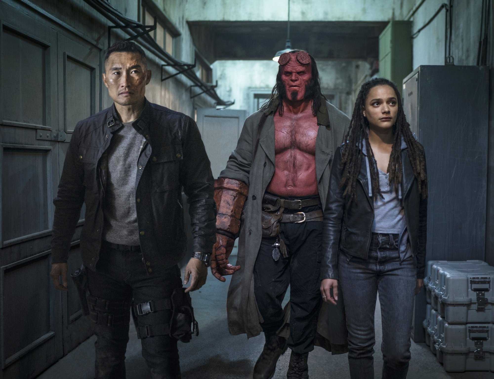 Daniel Dae Kim, David Harbour and Sasha Lane in Lionsgate Films' Hellboy (2019)