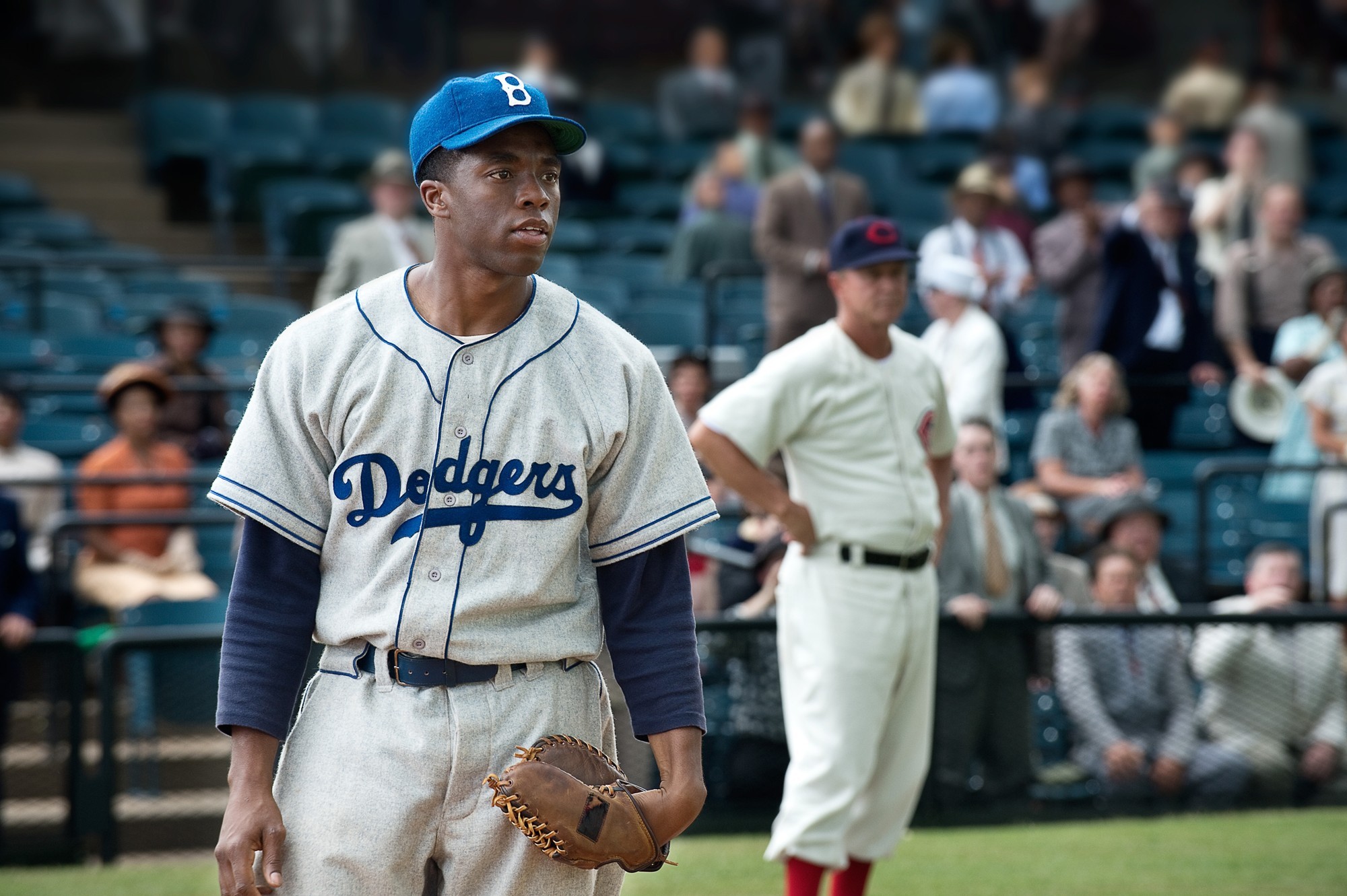 Chadwick Boseman	 stars as Jackie Robinson in Warner Bros. Pictures' 42 (2013)