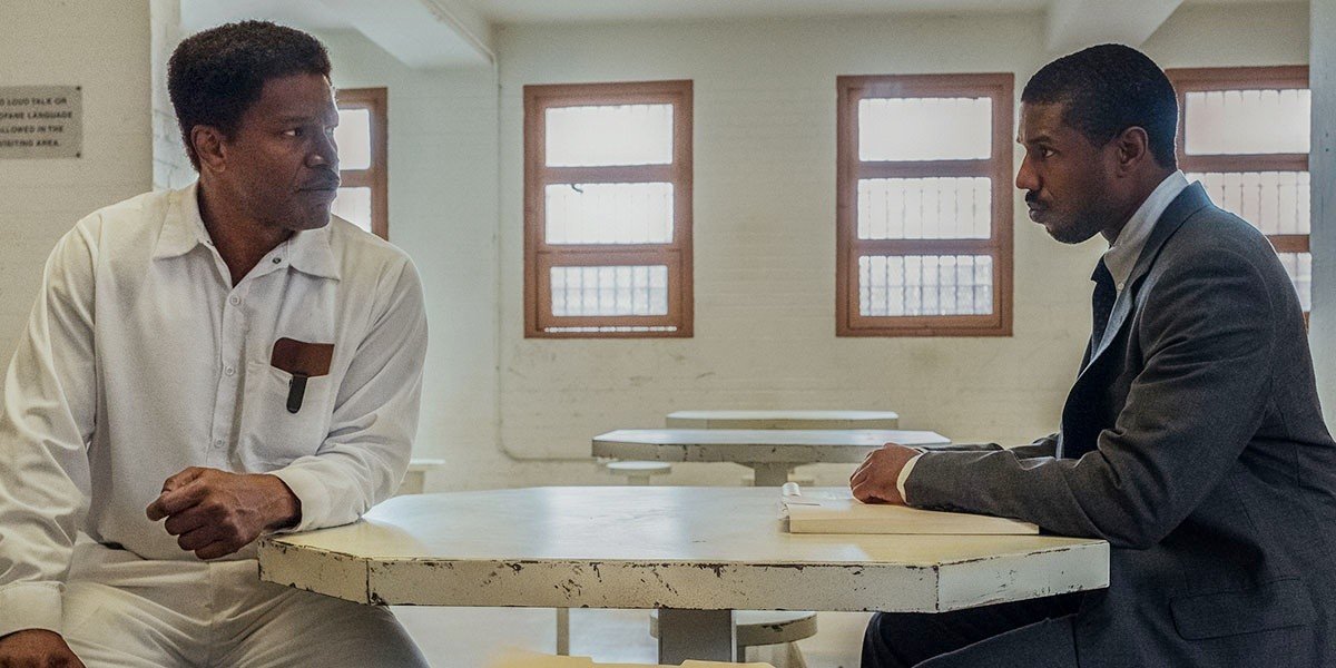 Jamie Foxx stars as Walter McMillian and Michael B. Jordan stars as Bryan Stevenson in Warner Bros. Pictures' Just Mercy (2019)