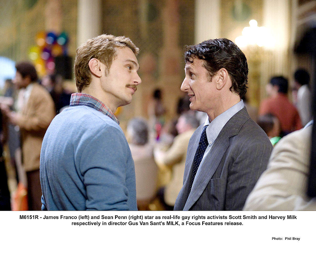 James Franco stars as Scott Smith and Sean Penn stars as Harvey Milk in Focus Features' Milk (2008). Photo credit by Phil Bray.