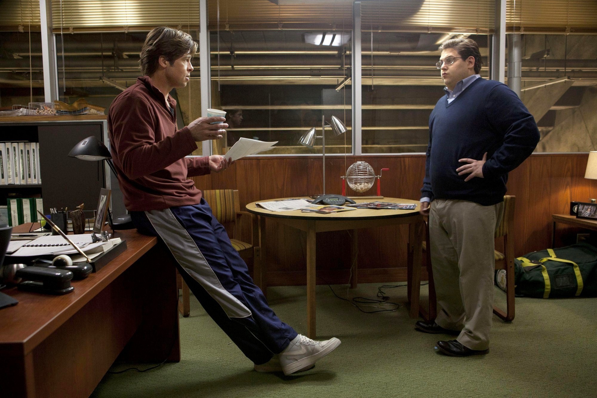 Brad Pitt stars as Billy Beane and Jonah Hill stars as Peter Brand in Columbia Pictures' Moneyball (2011)