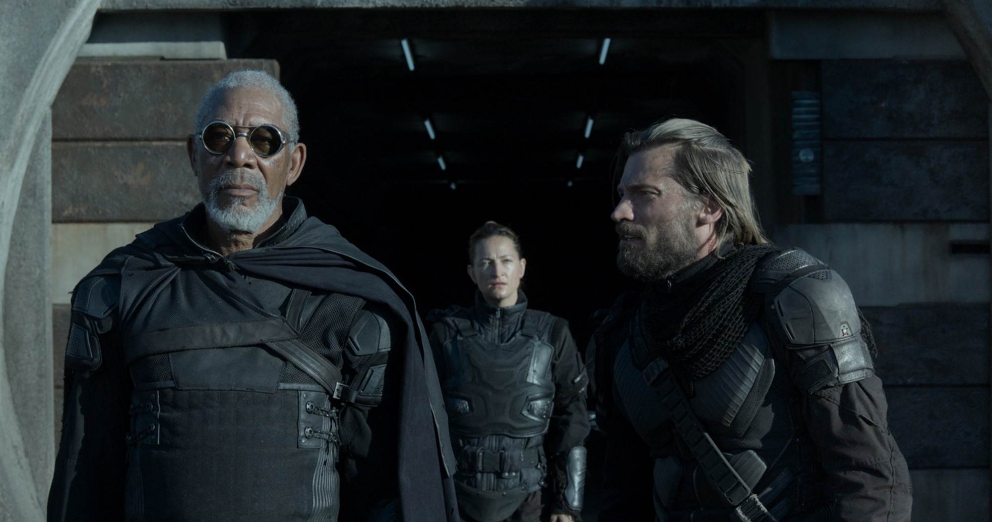 Morgan Freeman stars as Malcolm Beech and Nikolaj Coster-Waldau stars as Sykes in Universal Pictures' Oblivion (2013)