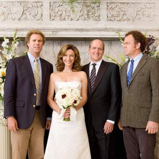 Brennan Huff (Will Ferrell, left) and Dale Doback (John C. Reilly, right) are two middle-aged, immature, overgrown boys forced to live together as stepbrothers when Brennan's mother, Nancy (Mary Steenburgen, center left) marries Dale's father, Robert (Richard Jenkins, center right) in Step Brothers.