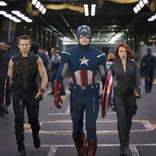 Jeremy Renner, Chris Evans and Scarlett Johansson in Walt Disney Pictures' The Avengers (2012)